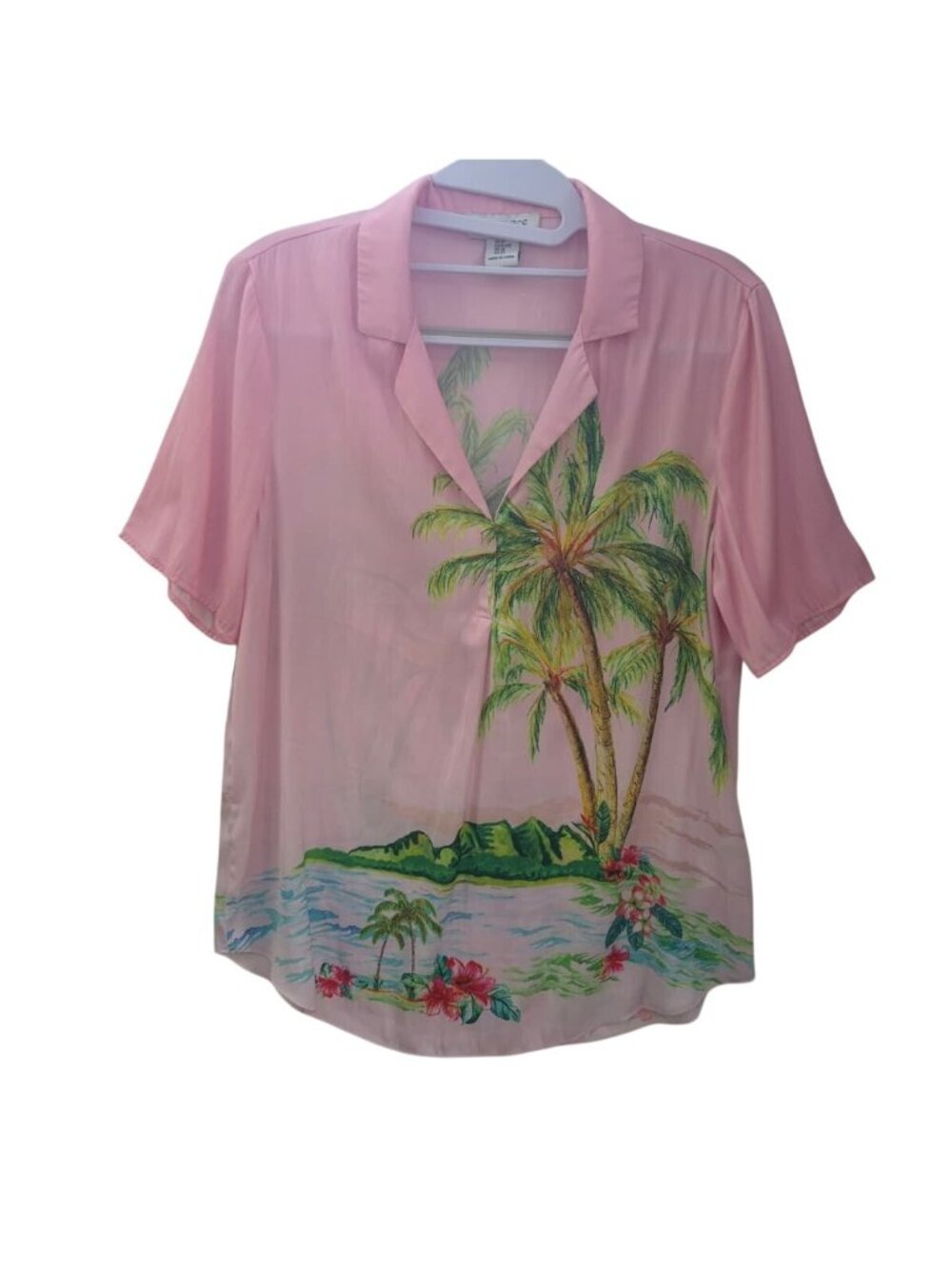 Rachel Zoe Tropical Hawaiian Camp Shirt XS Pink Palm Tree Beach
